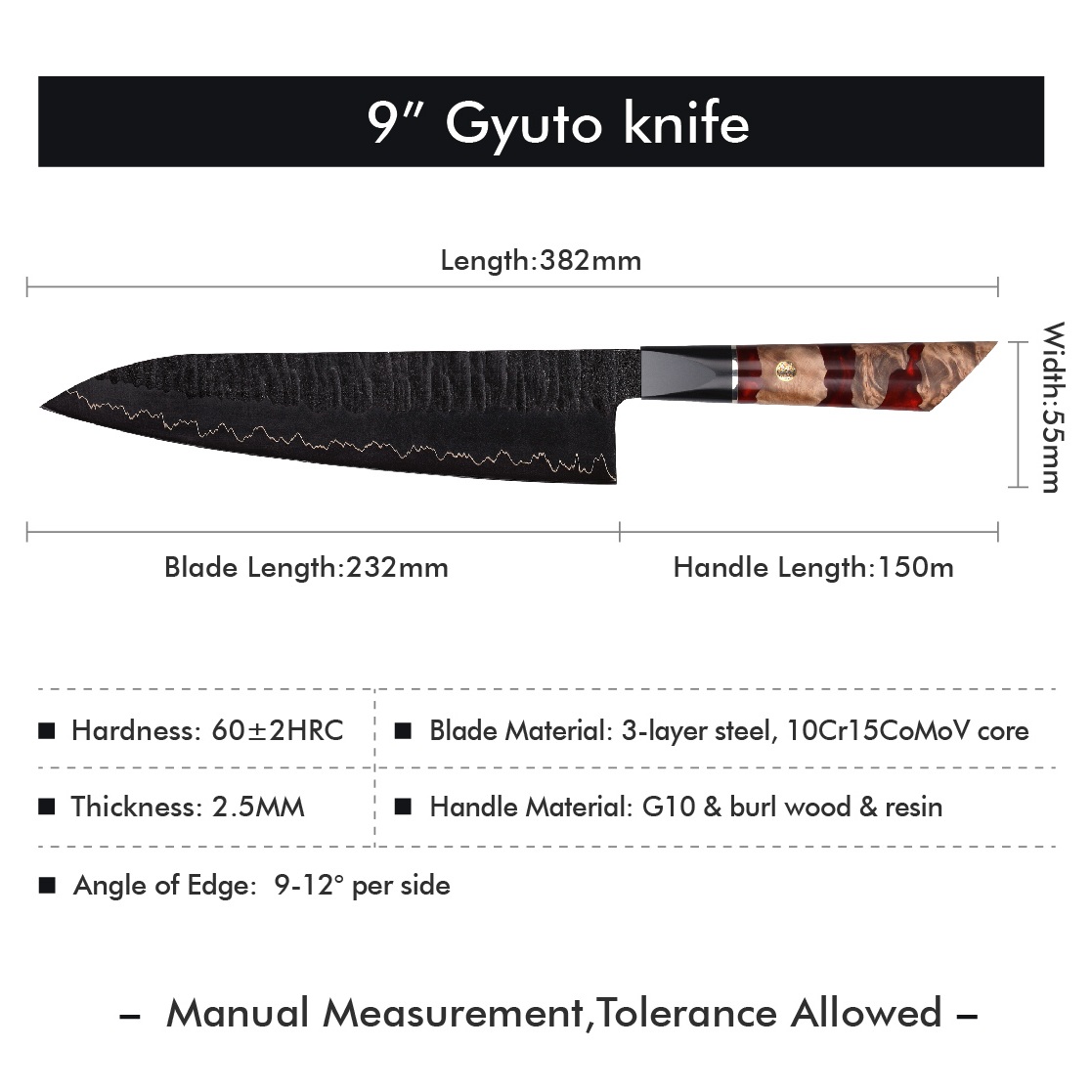 Damast keukenmes EN-37395 - Santoku / Rood / Bruin