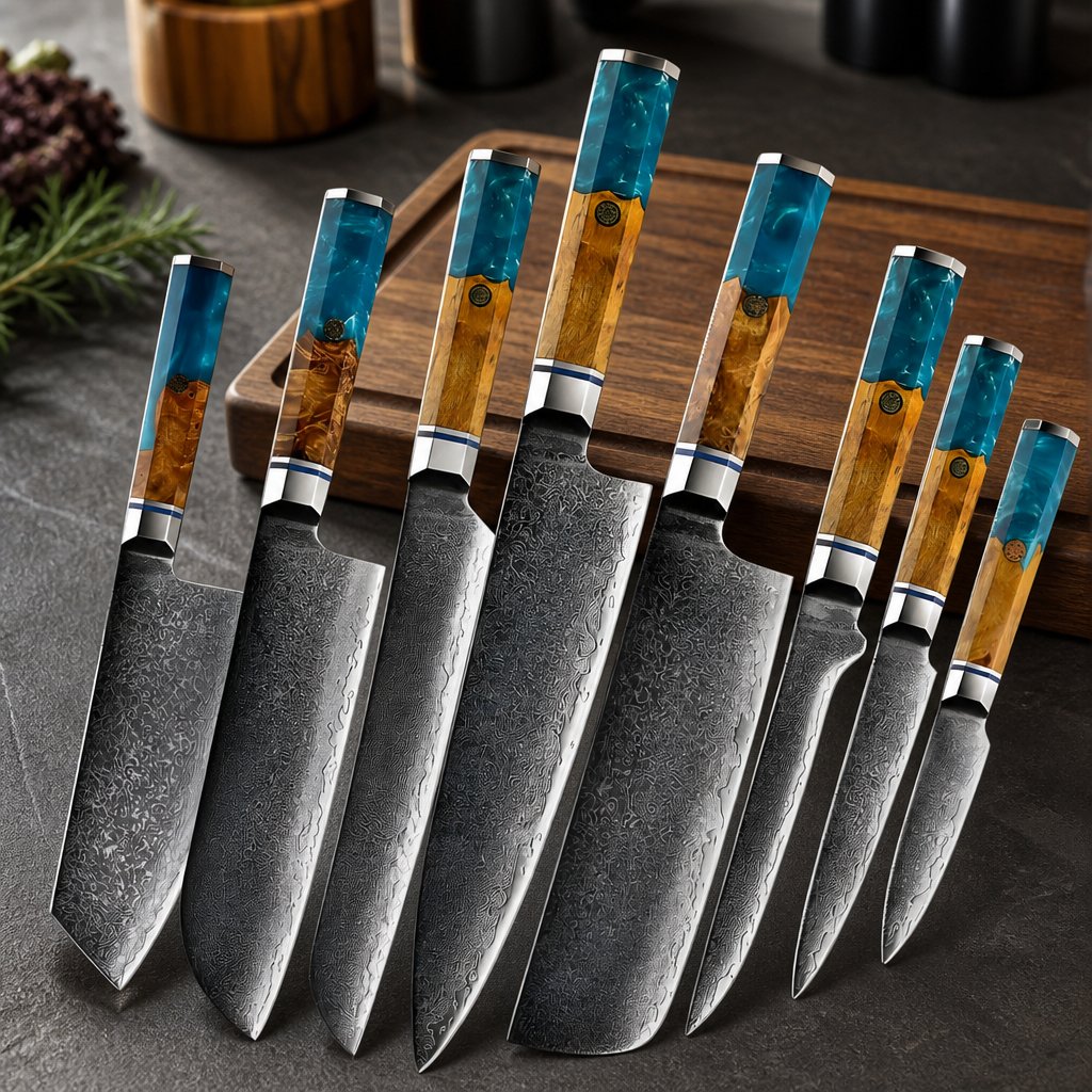 Set damast keukenmessen AO-20188 - Bruin / Blauw